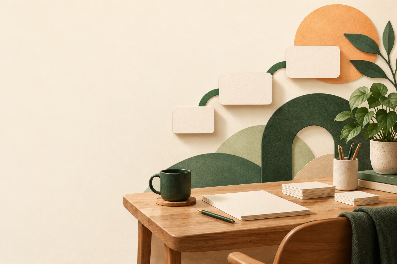 A calm workspace with connected paper shapes, green arches and a warm apricot sun